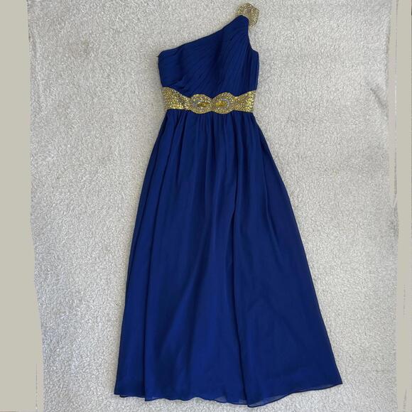 Dresses & Skirts - JJ’s House Women’s One-Shoulder Royal Blue Evening Dress Gold Sequins - size S/M